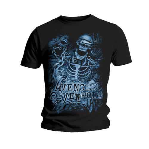 Black men's t-shirt with a blue and gray chained skeleton graphic.