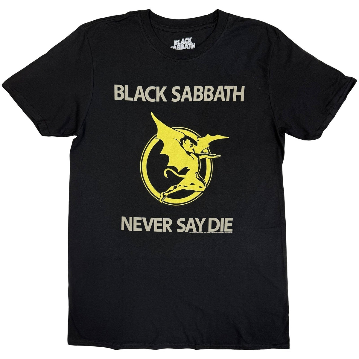Black t-shirt with yellow Black Sabbath "Never Say Die" graphic.