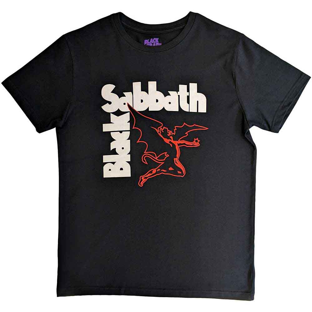 Black Sabbath t-shirt with white and red creature graphic on a man.
