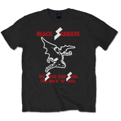 Black Sabbath t-shirt with winged devil graphic on a man.