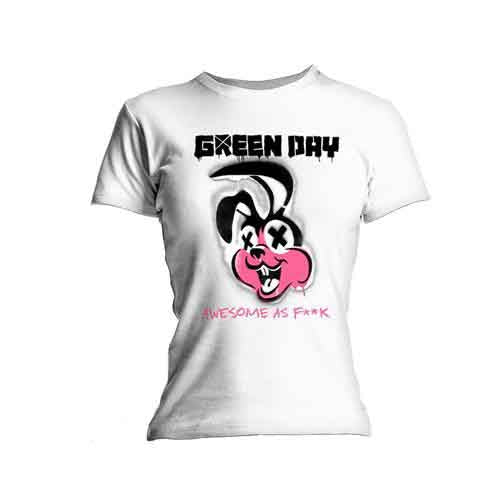 White women's t-shirt with Green Day logo and cartoon graphic.