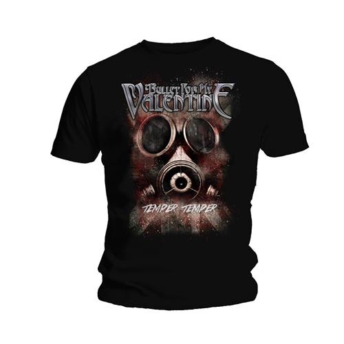 Black t-shirt with a gas mask graphic and band logo "Bullet For My Valentine".