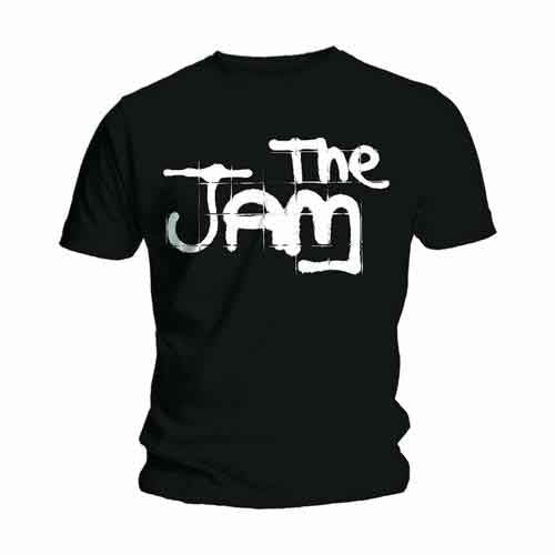 Black t-shirt with white, distressed “The Jam” logo graphic print.