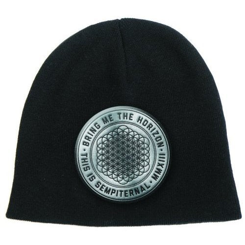 Black knitted beanie hat with circular "Bring Me The Horizon" logo.