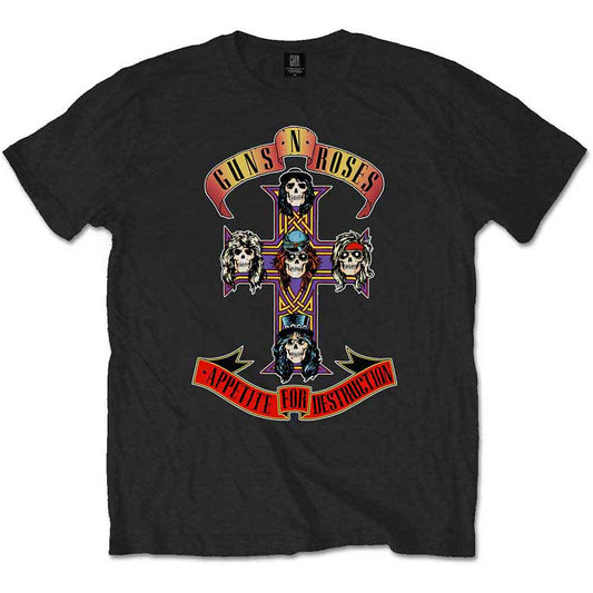 Black t-shirt featuring Guns N' Roses' Appetite for Destruction album cover art.