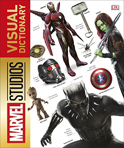 "Marvel Studios Visual Dictionary book cover featuring various Marvel characters and objects."