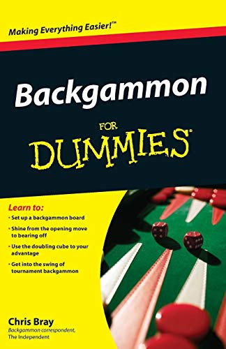 Book cover for Backgammon For Dummies featuring a green backgammon board with red dice.