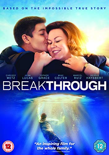 A woman hugs a boy while a person sinks into deep blue water below.