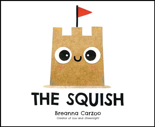 A sandcastle character with large eyes and a red flag on a white background.