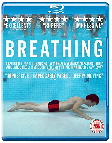 Breathing" Blu-ray cover with a boy by a pool and positive reviews.