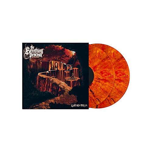 Album cover with a stone labyrinth and two orange marbled vinyl records.