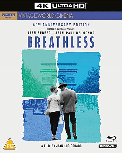 Blu-ray cover for Breathless featuring a couple walking in front of the Arc de Triomphe.