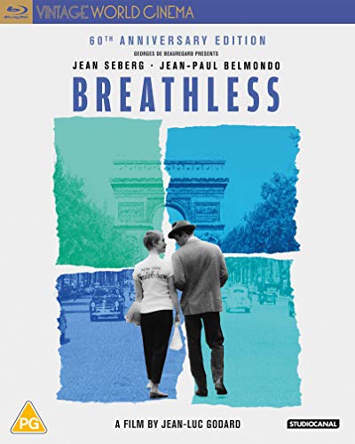 “Breathless” Blu-ray cover featuring Jean Seberg and Jean-Paul Belmondo in Paris.