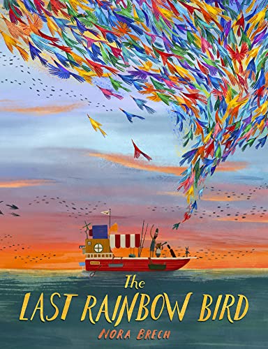 Colourful bird illustration on cover of children's book with rainbow hues and natural scenery.