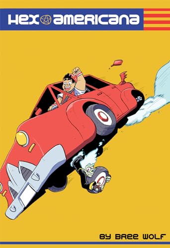Comic book cover: red car with driver, flying figure, yellow background.