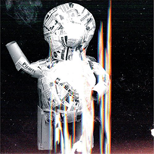 Figure made of newspaper fragments against a dark, starry background.