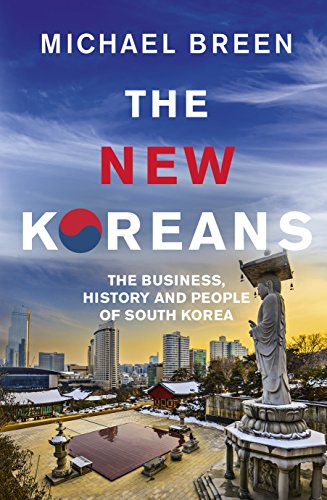 Book cover: “The New Koreans” with cityscape, statue, and South Korean flag.