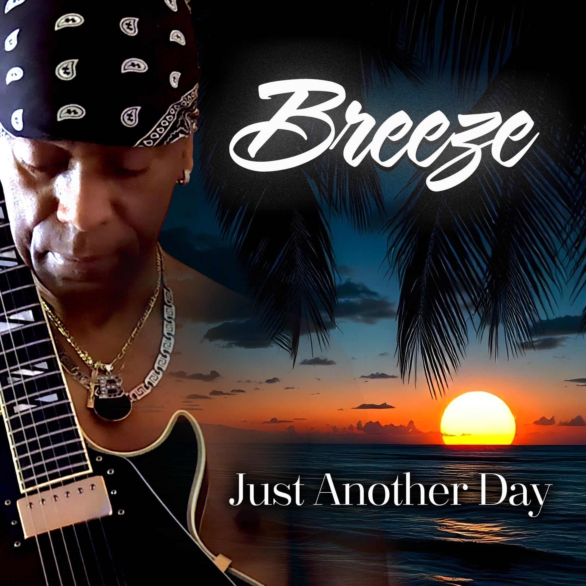 A man wearing a bandana plays a guitar against a sunset ocean background.