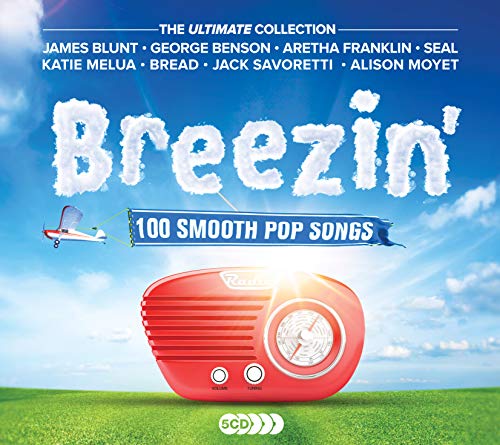"Breezin' CD cover featuring a red vintage radio on green grass, blue sky background."