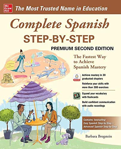 Book cover for Complete Spanish Step-by-Step featuring illustrations of people and a dog.