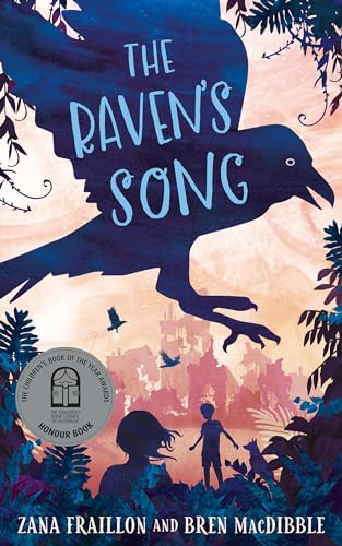 Book cover: large raven silhouette over children and a distant city.