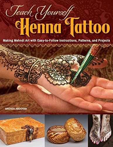 Book cover featuring a hand with intricate henna designs and various henna-decorated items.