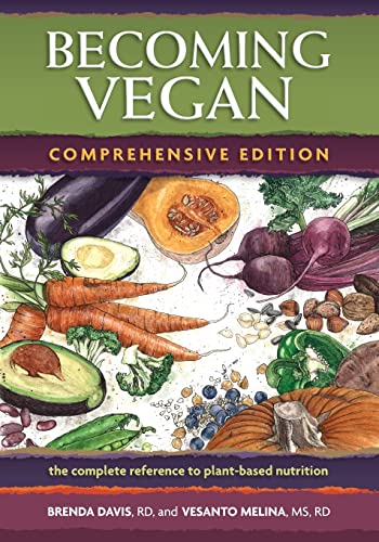 Book cover with illustrations of colorful fruits, vegetables, and the title "Becoming Vegan".