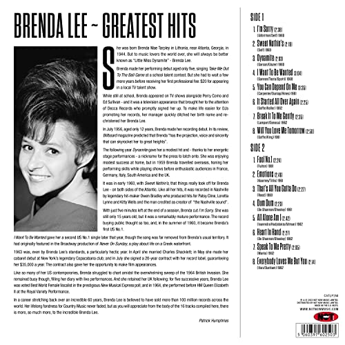 Back cover of Brenda Lee Greatest Hits vinyl featuring a portrait and tracklist.
