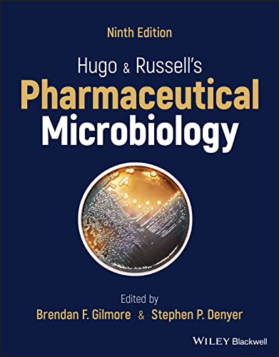 Book cover: "Hugo & Russell's Pharmaceutical Microbiology," ninth edition, with petri dish image.