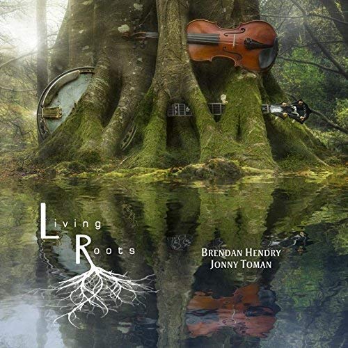 CD cover with instruments nestled in tree roots by water.