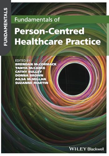 Book cover for Fundamentals of Person-Centred Healthcare Practice with abstract swirling colorful circular background.