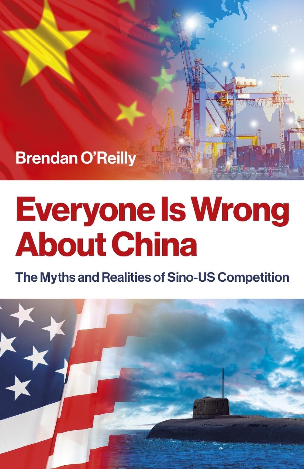 Book cover with Chinese and American flags, port, and submarine imagery.