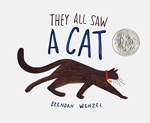 Book cover featuring a dark brown cat with a red collar, titled "They All Saw a Cat".