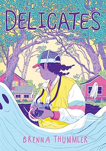 Book cover: illustrated woman with camera, ghost, and suburban houses.