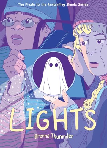 Book cover with illustrated people looking at a glowing ghost image.