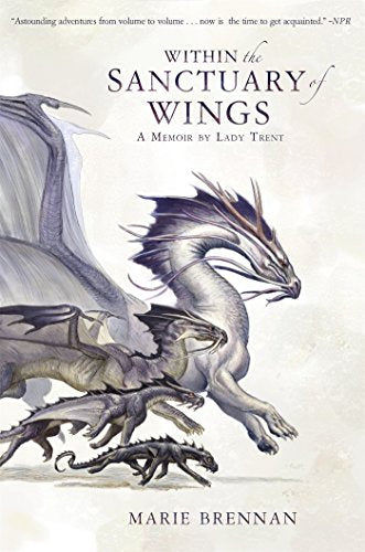 Book cover with a large silver dragon and smaller dragons, by Marie Brennan.