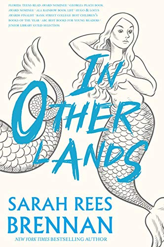 Book cover: mermaid illustration with bold blue title "In Other Lands".