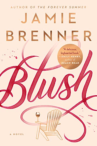 Book cover for “Blush” with pink watercolor script and beach chair.