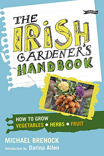 Book cover titled The Irish Gardener's Handbook featuring a person holding fresh garden vegetables.