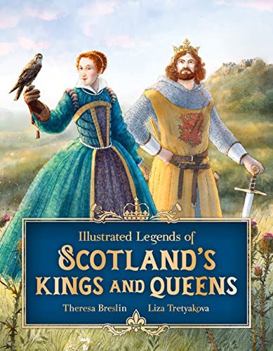Book cover illustration featuring a queen with a falcon and a king with sword.