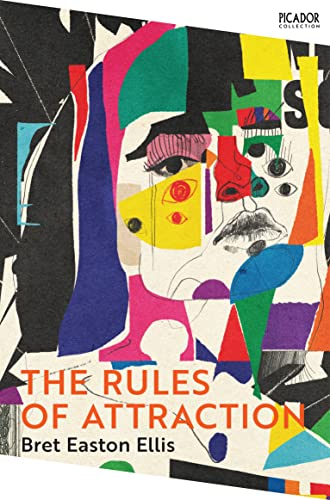 Book cover with abstract, colorful collage-style face and the title The Rules of Attraction.
