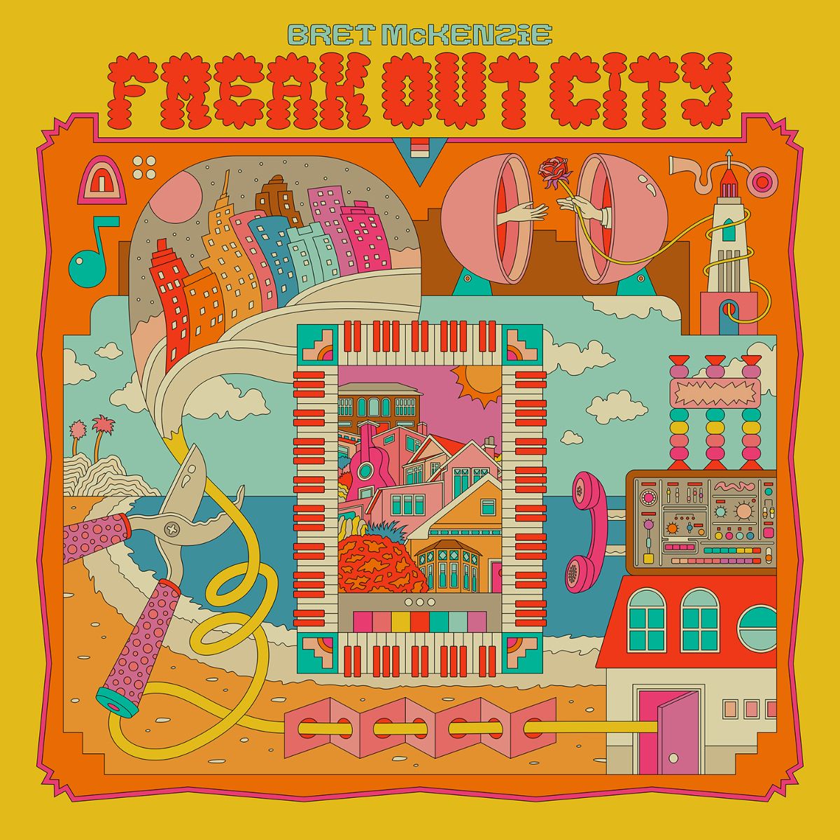 Bret McKenzie’s “Freak Out City” CD cover: a colorful, surreal cityscape.