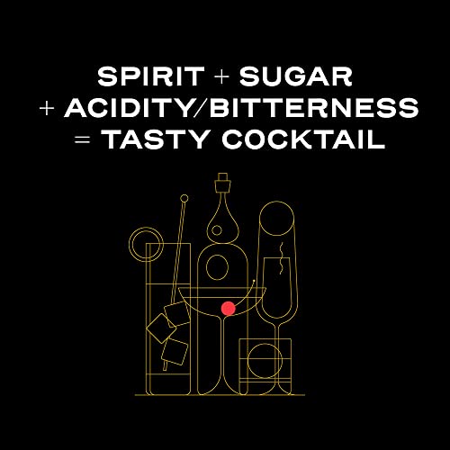 Black background with gold line drawing of cocktail ingredients and glassware.