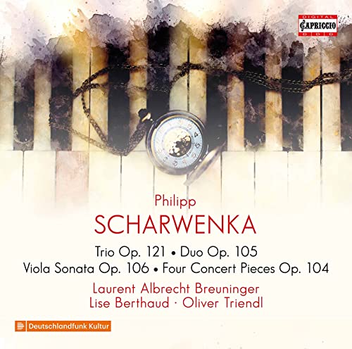 CD cover with piano keys, pocket watch, and composer Philipp Scharwenka’s name.
