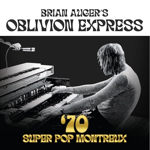 Black and white photo of Brian Auger playing a keyboard with gold text below.