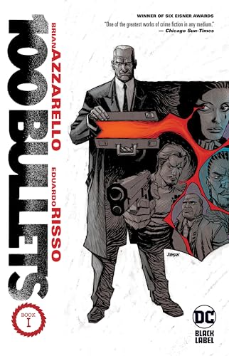 Cover of "100 Bullets Book One," featuring a man with a red briefcase and gun.