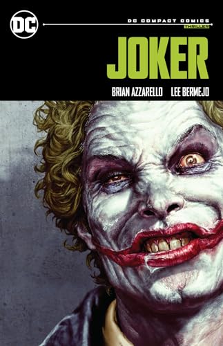 Close-up of the Joker with pale skin, messy green hair, and a wide grin.