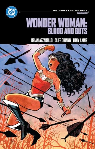 Wonder Woman leaps through the air, dodging a barrage of arrows, holding a sword.
