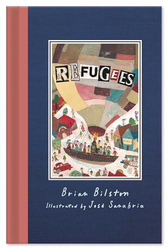 Book cover titled Refugees featuring a boat carrying people under a patchwork hot air balloon.