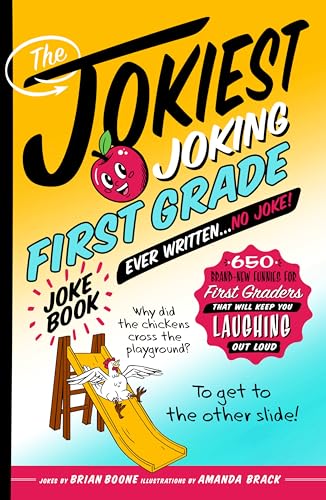 Bright yellow cover of a joke book with a cartoon chicken on a slide.